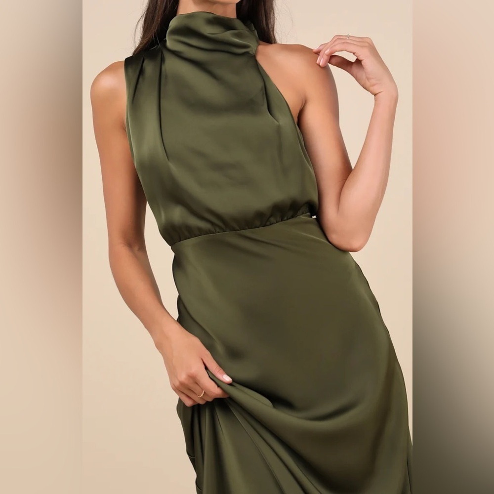 Lulus Distinctive Charm Olive Green Satin
Asymmetrical Maxi Dress - Picture 3 of 6